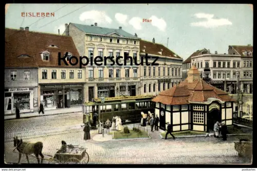 ALTE POSTKARTE EISLEBEN PLAN STRASSENBAHN PFERDEFUHRWERK GESCHÄFTE CARL HEINROTH HERMANN ZWARG CARL WIESE Ansichtskarte