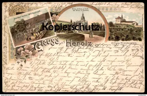 ALTE LITHO POSTKARTE GRUSS AUS HEROLZ HERBER'SCHE WIRTSCHAFT NEUES SCHLOSS BRANDENSTEIN SCHLÜCHTERN Ansichtskarte AK