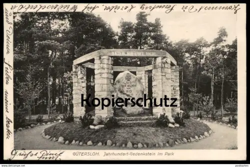 ALTE POSTKARTE GÜTERSLOH JAHRHUNDERT GEDENKSTEIN IM PARK 1913 DEN HELDEN VON 1813 LEIPZIG AK Ansichtskarte postcard cpa