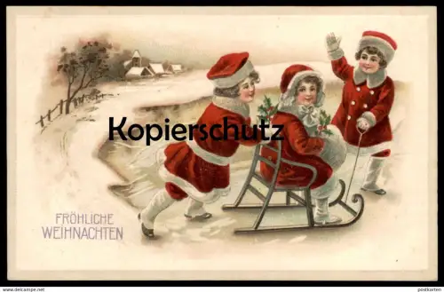 ALTE PRÄGE POSTKARTE FROHE WEIHNACHTEN MÄDCHEN ROTER MANTEL SCHLITTEN MÜTZE NIKOLAUS KOSTÜM Weihnachten christmas cpa AK
