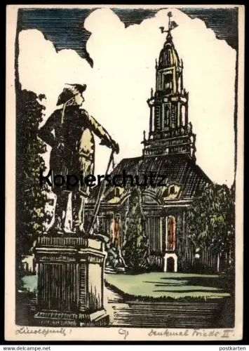 ALTE POSTKARTE POTSDAM DENKMAL FRIEDRICH II. DER GROSSE DER ALTE FRITZ LINOLSCHNITT ORIGINAL SIGNATUR postcard AK