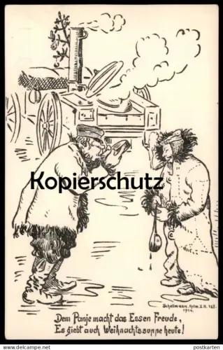 ALTE POSTKARTE DEM PANJE MACHT DAS ESSEN FREUDE WEIHNACHTSSUPPE 1914 Russischer Soldat Russia Russe postcard Schellmann
