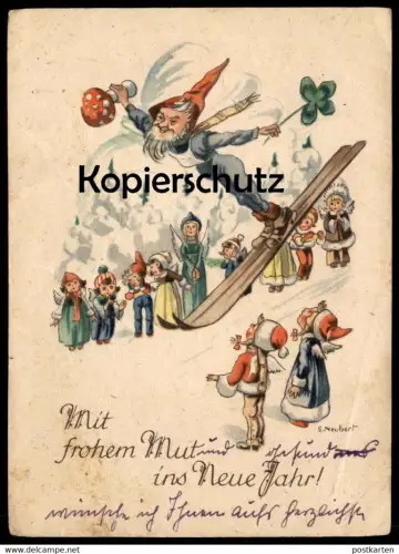 ALTE POSTKARTE ZWERG MIT FLIEGENPILZ SPRINGT SKI SKISPRINGEN ZWERGE ENGEL 1944 Pilz dwarf midget luge sleigh fly agaric