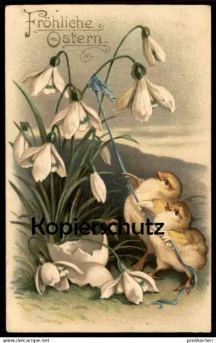 ALTE PRÄGE POSTKARTE FRÖHLICHE OSTERN KÜKEN POLIEREN SCHNEEGLÖCKCHEN chick snowdrop easter paques postcard AK cpa