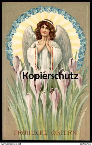 ALTE PRÄGE POSTKARTE FRÖHLICHE OSTERN ENGEL GEFALTETE HÄNDE KROKUSSE Mädchen angel ange easter paques postcard AK cpa