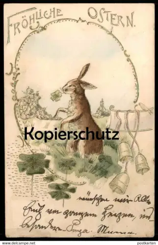 ALTE PRÄGE POSTKARTE FRÖHLICHE OSTERN OSTERHASE MIT KLEEBLATT IM GEÄSE HASENBART easter paques postcard Ansichtskarte
