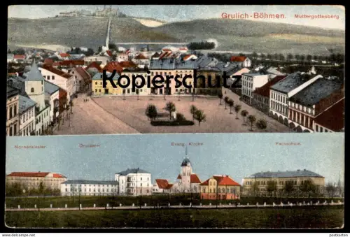 ALTE POSTKARTE GRULICH NONNENKLOSTER DRUCKEREI EVANG. KIRCHE FACHSCHULE KRALIKY NORDBÖHMEN Böhmen AK postcard cpa