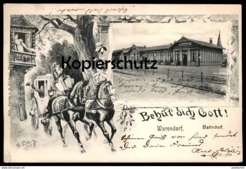 ALTE POSTKARTE WARENDORF BAHNHOF POSTKUTSCHE BEHÜT' DICH GOTT B. LIEBIG 1897 AK Ansichtskarte cpa postcard