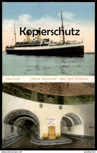 ALTE POSTKARTE DAMPFER MONTE SARMIENTO ÜBER DEM ELBTUNNEL HAMBURG Überseedampfer Schiff ship Ansichtskarte cpa postcard
