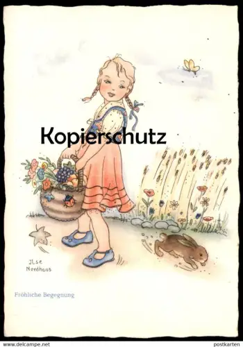 ALTE POSTKARTE MÄDCHEN FRÖHLICHE BEGEGNUNG OSTERHASE HASE KANINCHEN KIND SIGN. ILSE NORDHAUS enfant child postcard