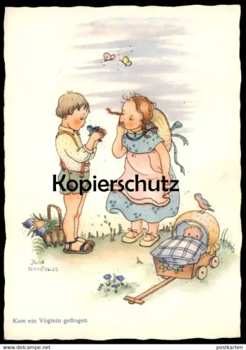 ALTE POSTKARTE MÄDCHEN JUNGE KAM EIN VÖGLEIN GEFLOGEN VOGEL KINDER KIND PUPPE SIGN. ILSE NORDHAUS enfant child postcard