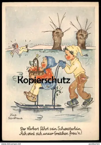 ALTE POSTKARTE KINDER EISLAUFEN SCHLITTSCHUH WEIHNACHTEN MISTELZWEIG SIGN. ILSE NORDHAUS SCHNEE ice skating Schwester AK