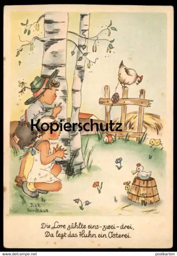 ALTE POSTKARTE MÄDCHEN & JUNGE HUHN OSTEREI OSTERN KIND SIGN. ILSE NORDHAUS EI egg easter paques enfant child postcard