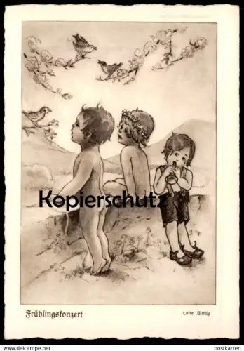 ALTE POSTKARTE FRÜHLINGSKONZERT KINDER KIND FLÖTE VOGEL LOTTE WITTIG child bird flute enfant Ansichtskarte postcard cpa
