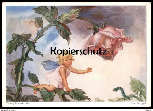 ALTE POSTKARTE TAUTRÖPFLEIN WEHRT SICH ELFE RAUPE ROSE BLUME KIND ANNA MARGRET caterpillar elf Ansichtskarte postcard AK