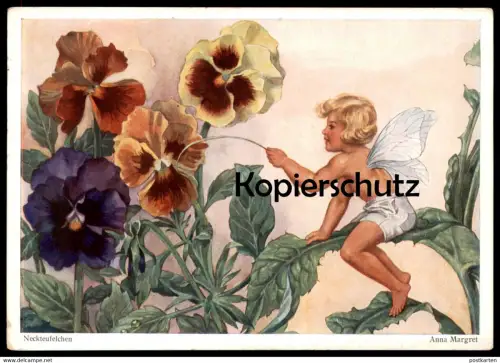 ALTE POSTKARTE NECKTEUFELCHEN ELFE BEI STIEFMÜTTERCHEN BLUMEN ANNA MARGRET pansy flower elf Ansichtskarte postcard cpa