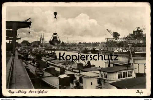 ALTE POSTKARTE REGENSBURG DONAUHAFEN FRACHTSCHIFF KRAN Frachter Schiff Motorschiff cargo ship crane grue postcard cpa