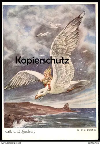 ALTE POSTKARTE ERIK UND GODRUN VOGEL GREIF SCHLÜSSEL SAGE BURG MÄRCHEN WICHTEL ZWERG FAIRY TALE HANS WOLFF VON PONICKAU
