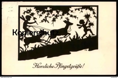 ALTE KÜNSTLER POSTKARTE HERZLICHE PFINGSTGRÜSSE! MARIE M. BEHRENS SCHERENSCHNITT ELFEN REHE ELFE REH OPPEL HESS JENA AK
