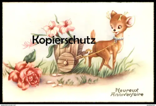 ÄLTERE POSTKARTE REHBOCK BÖCKCHEN ZIEHT KARREN MIT BLUMEN HEUREUX ANNIVERSAIRE REH HIRSCH roe deer cerf chevrenil cpa AK