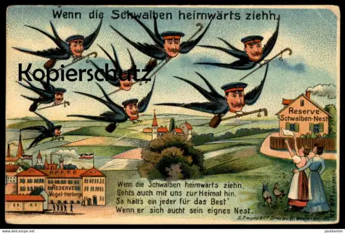 ALTE POSTKARTE SOLDATEN RESERVE WENN DIE SCHWALBEN HEIMWÄRTS ZIEH'N ZIEHN ZIEHEN VOGEL-HERBERGE MILITÄR montage photo AK
