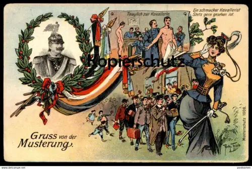 ALTE KÜNSTLER POSTKARTE GRUSS VON DER MUSTERUNG ARTHUR THIELE SCHMUCKER KAVALLERIST nackt nude man postcard cpa