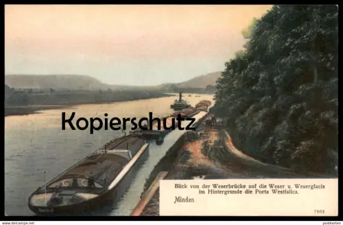ALTE POSTKARTE MINDEN BLICK VON DER WESERBRÜCKE AUF DIE WESER UND WESERGLACIS IM HINTERGRUNDE DIE PORTA WESTFALICA ship