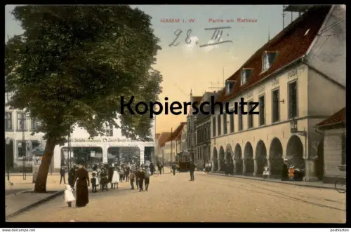 ALTE POSTKARTE HAMM IN WESTFALEN PARTIE AM RATHAUS DÜRSELEN & KELLER SPEZIALGESCHÄFT FÜR GAS UND ELEKTRISCHE...