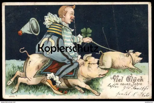 ALTE POSTKARTE CLOWN REITET AUF SCHWEIN STRICK VIEL GLÜCK IM NEUEN JAHRE new year bonne année pig maitre cochon postcard