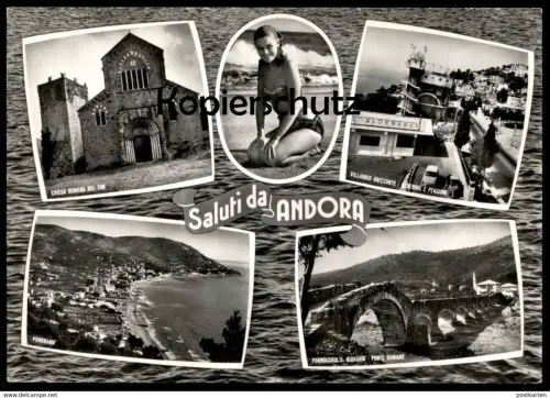 ÄLTERE POSTKARTE SALUTI DA ANDORA CHIESA ROMANA DEL 200 WILLAGGIO ORIZZONTE ALBERGHI E PENSIONI postcard cpa AK