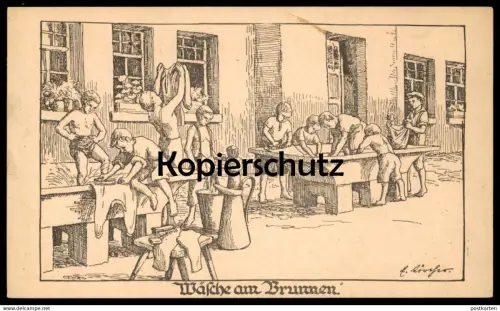 ALTE KÜNSTLER POSTKARTE WÄSCHE AM BRUNNEN ELISABETH LÖRCHER WELTKRIEG Andacht Gottesdienst Ansichtskarte postcard
