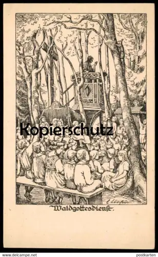 ALTE KÜNSTLER POSTKARTE WALDGOTTESDIENST KINDER ELISABETH LÖRCHER WELTKRIEG Andacht Gottesdienst Ansichtskarte postcard