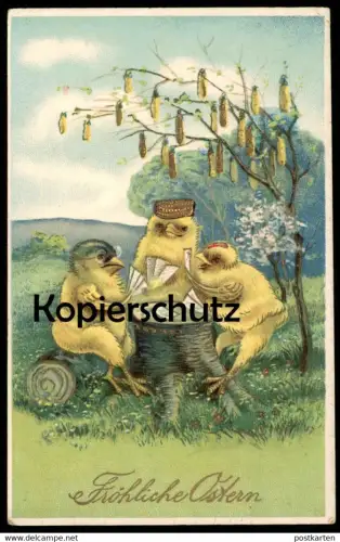 ALTE POSTKARTE KÜKEN VERMENSCHLICHT KARTENSPIEL SKAT Karten jouer aux de cartes skate playing card game cards vergoldet