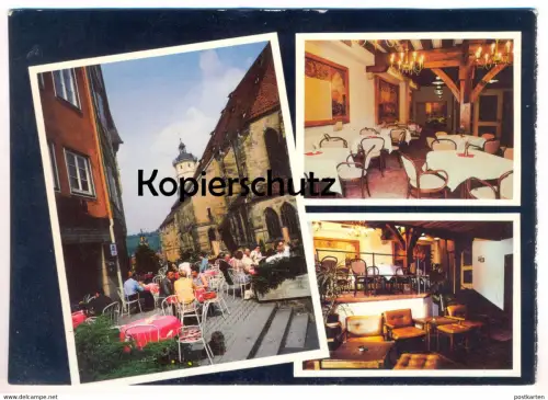 ÄLTERE POSTKARTE SCHWÄBISCH HALL CAFÉ SCHOLL HINTER DER MICHAELISKIRCHE AUSSENGASTRONOMIE INNENANSICHT AK cpa postcard