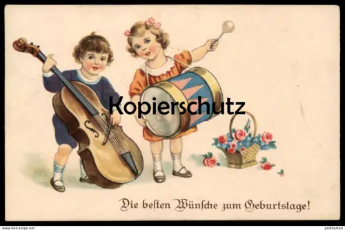 ALTE POSTKARTE DIE BESTEN WÜNSCHE ZUM GEBURTSTAGE KINDER GITARRE BASS TROMMEL MUSIK RECHTECKSTEMPEL STEESOW cpa postcard