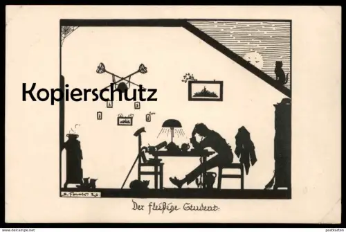 ALTE KÜNSTLER POSTKARTE DER FLEISSIGE STUDENT FLORETT ELSBETH FORCK Studentika Studentica Scherenschnitt Katze cat cpa
