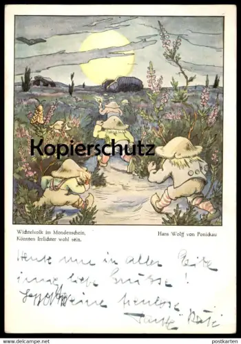 ALTE POSTKARTE WICHTELVOLK IM MONDENSCHEIN KÖNNTEN IRRLICHTER WOHL SEIN WICHTEL ZWERG EULE OWL HANS WOLFF VON PONICKAU
