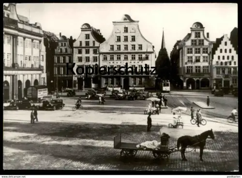 ALTES ORIGINAL FOTO ROSTOCK MARKT PFERD & KARREN UMZÜGE STRASSENBAHN ECHTE FOTOGRAFIE PHOTO KOCH MECKLENBURG-VORPOMMERN