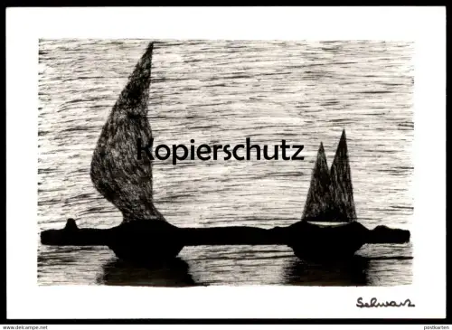 ÄLTERE KÜNSTLER POSTKARTE SEGELBOOTE BOOTE SEE MEER SCHWARZ LINOLSCHNITT Linol boat AK Ansichtskarte postcard cpa