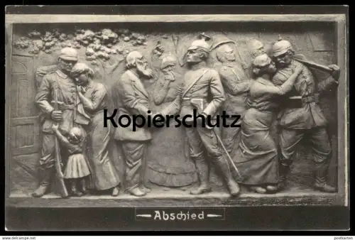 ALTE POSTKARTE ABSCHIED SOLDAT VATER SOHN ALTER MANN FRONT TRAUER Frau femme mourning woman Stempel Büderich postcard AK