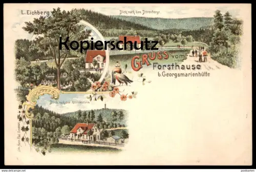 ALTE LITHO POSTKARTE GRUSS VOM FORSTHAUSE BEI GEORGSMARIENHÜTTE BLICK NACH DEM DÖRENBERGE Forsthaus Dörenberg AK cpa