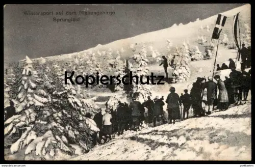 ALTE POSTKARTE WINTERSPORT AUF DEM RIESENGEBIRGE SPRUNGLAUF SKISPRINGEN Ski springen Skispringer Schlesien Karkonosze