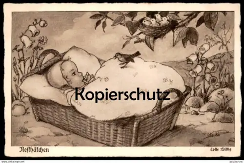 ALTE POSTKARTE NESTHÄKCHEN KIND BABY & VOGEL WIEGE LOTTE WITTIG child cradle bird enfant Ansichtskarte postcard cpa AK