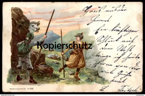 ALTE LITHO POSTKARTE GRUSS AUS DEN BERGEN KUH WANDERER cow vache Montagnes Humor Humour Ansichtskarte AK cpa postcard