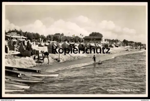 ALTE POSTKARTE OSTSEEBAD GRÖMITZ STRAND SPIELZEUGBOOT MODELLSCHIFF KANU BEFLAGGUNG 40er JAHRE Ansichtskarte cpa postcard