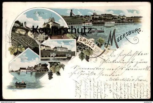 ALTE LITHO POSTKARTE GRUSS AUS MEERSBURG AM BODENSEE HAFEN SEMINAR TOTAL SCHLOSS Ansichtskarte postcard cpa AK
