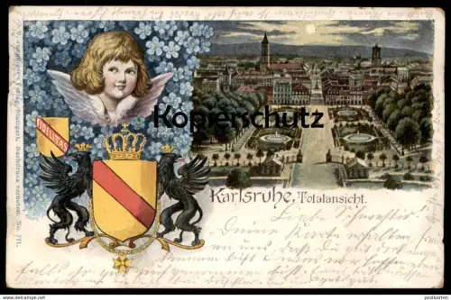ALTE LITHO POSTKARTE KARLSRUHE WAPPEN FIDELITAS KRONE GREIF ENGEL TOTALANSICHT PANORAMA angel Ansichtskarte postcard cpa