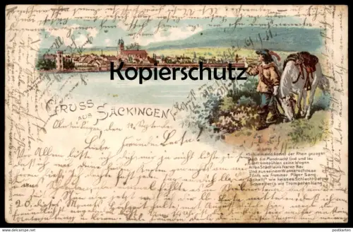 ALTE LITHO POSTKARTE GRUSS AUS BAD SÄCKINGEN RHEIN WOGEN WASSER TROMPETER PFERD trumpet cpa postcard Ansichtskarte AK