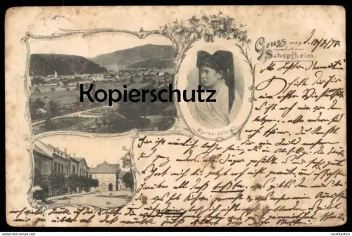 ALTE POSTKARTE GRUSS AUS SCHOPFHEIM 1898 PANORAMA MARKGRÄFLERIN Totalansicht Total Schwarzwald Ansichtskarte AK postcard