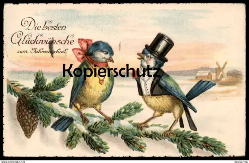 ALTE POSTKARTE VÖGEL VERLIEBT HERZ HOCHZEIT NEUJAHR BLAUMEISE ZYLINDER HUT VOGEL VERMENSCHLICHT Ansichtskarte postcard